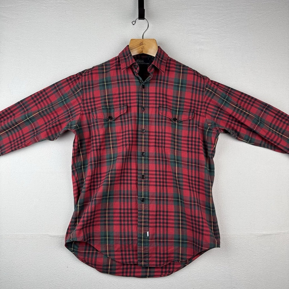 90's Vtg Polo Ralph Lauren Tartan Plaid Wool‎ Blend Flannel Shirt Men's M Red - Picture 2 of 14